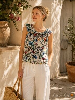 NWT Zara TRF Botanical Floral Ruffle Blouse Boho Cottagecore S/M
